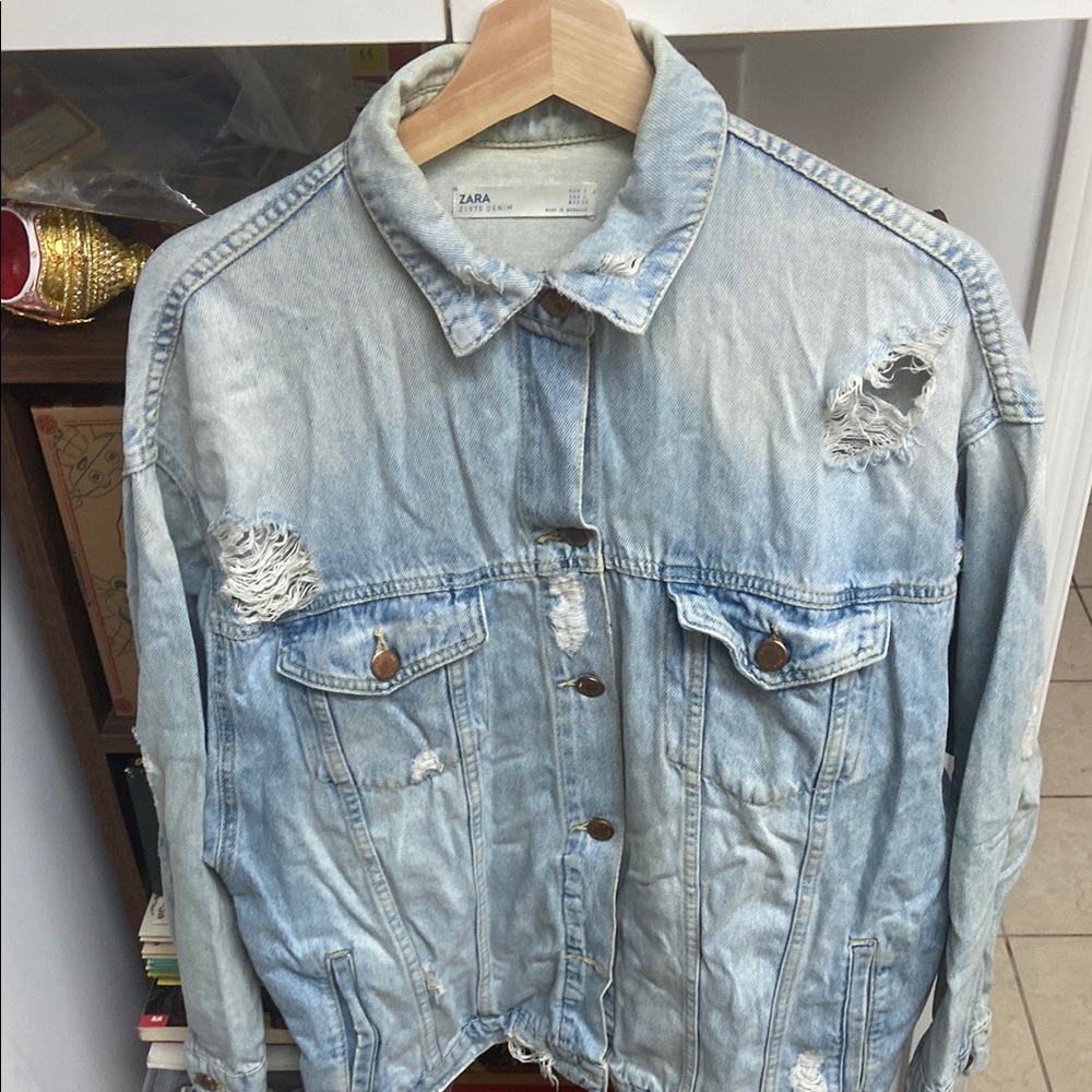 Zara Faded Blue Ripped Denim Jacket